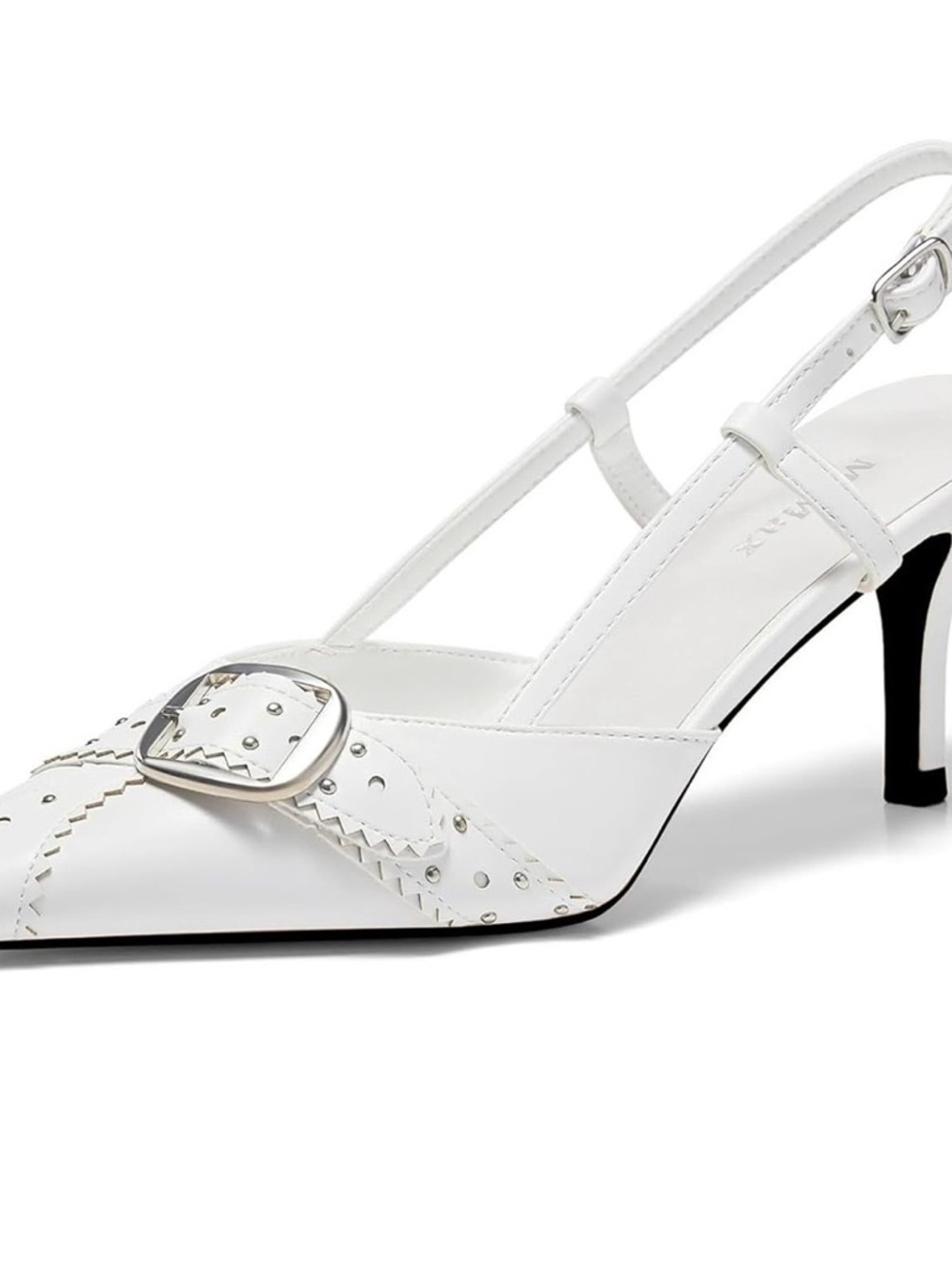 White Slingback Pointed Toe Heels with Buckle - Picture 3 of 5